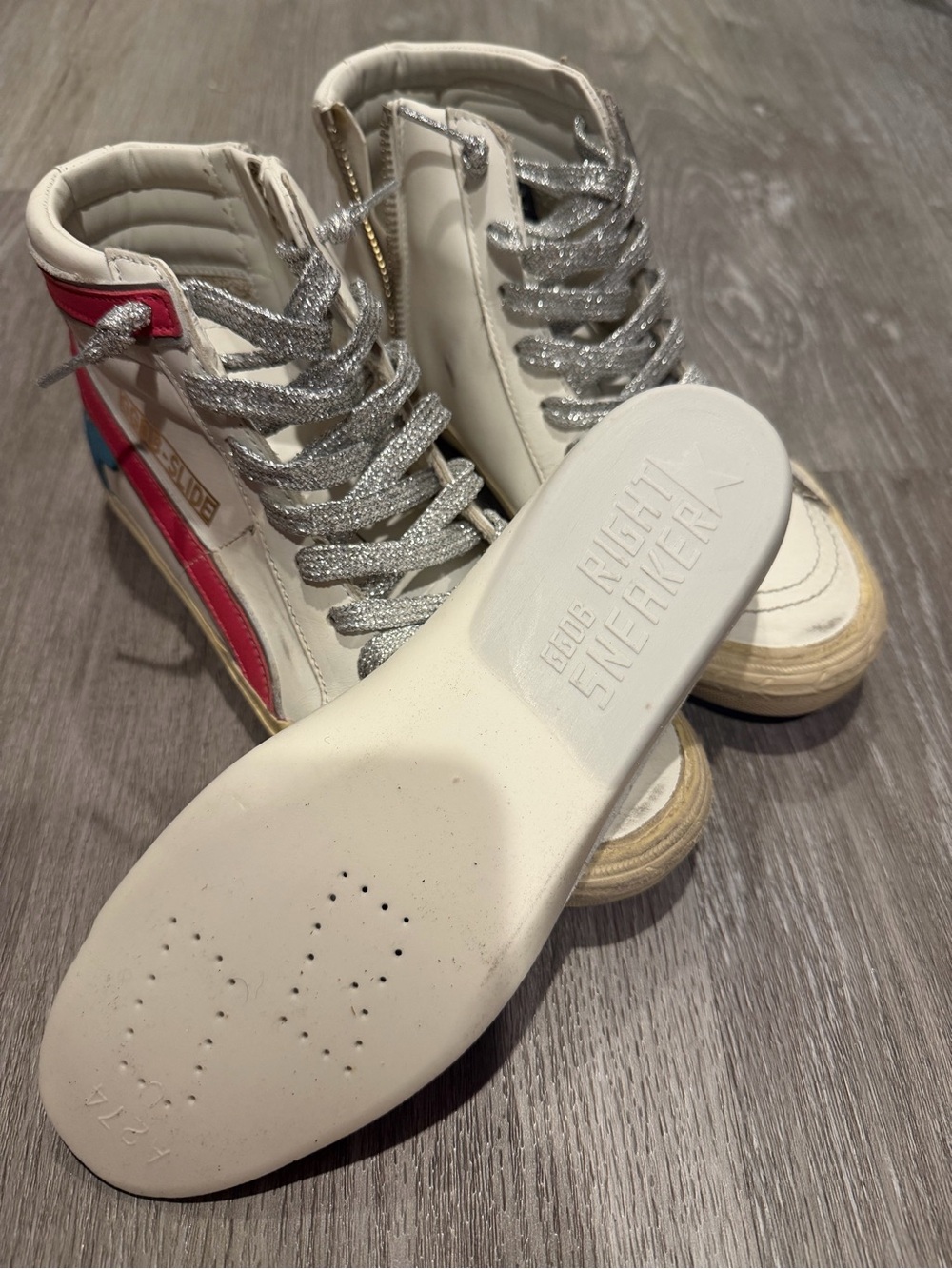 Golden Goose White High-Top Sneakers with Pink Stripe & Blue Star - Picture 6 of 9